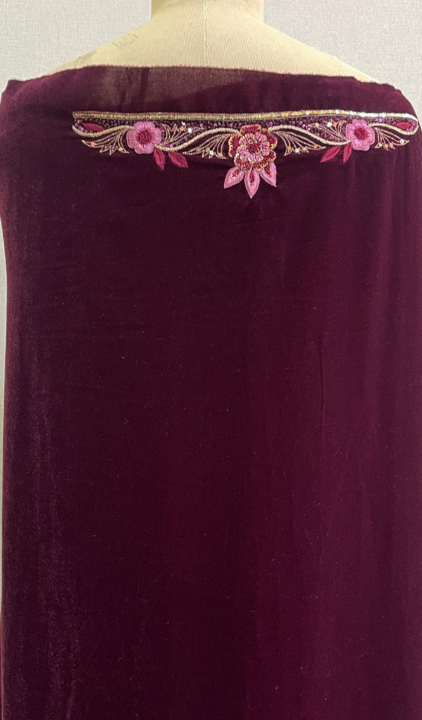 Women's Lakhnavi Handcrafted Velvet Chikankari Full Suit Material - HONC0188898