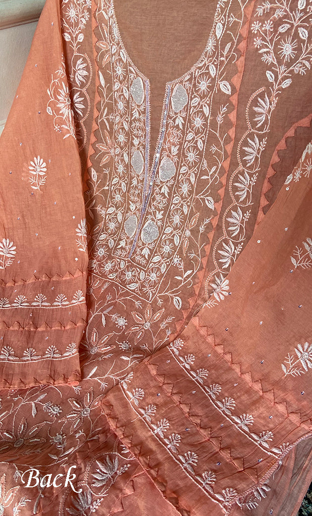 Women's Lakhnavi Handcrafted Mul Chanderi Semi - Stitched Kurta And Dupatta Set - HONC0284762