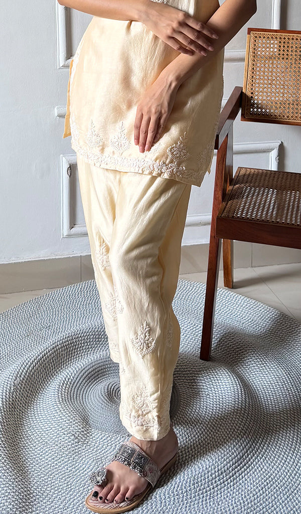 Amreena Women's Lakhnavi Handcrafted Chanderi Silk Chikankari Top And Pant Set - HONC0344994