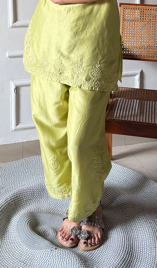 Amreena Women's Lakhnavi Handcrafted Chanderi Silk Chikankari Top And Pant Set - HONC0344939