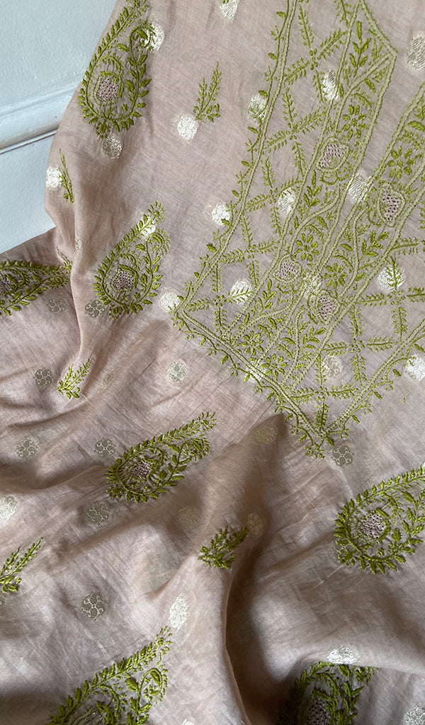 Lakhnavi Handcrafted Chanderi Silk Chikankari Full Suit Material - HONC0321898