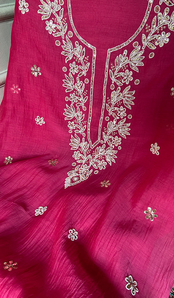 Nyla Women's Lakhnavi Handcrafted Mul Chanderi Unstitched Chikankari Full Suit Material - HONC0352599