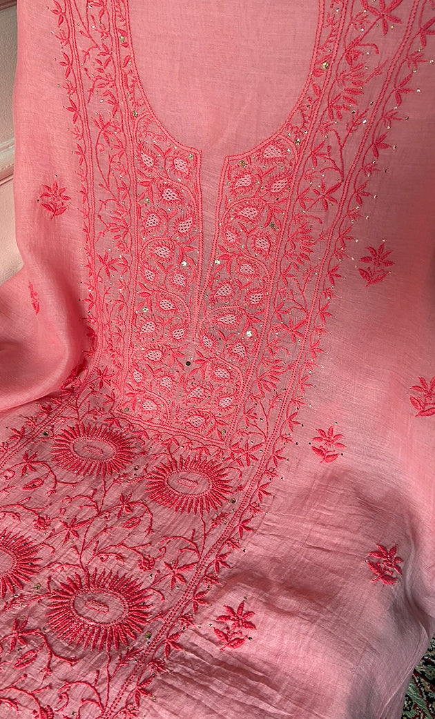 Women's Lakhnavi Handcrafted Mul Chanderi Unstitched Chikankari Full Suit Material - HONC0324503