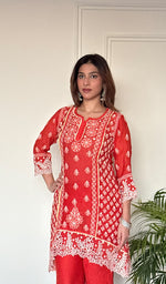 Women's Lucknowi Handcrafted Mul Chanderi Stitched Chikankari Short Kurta And Plazzo Set .