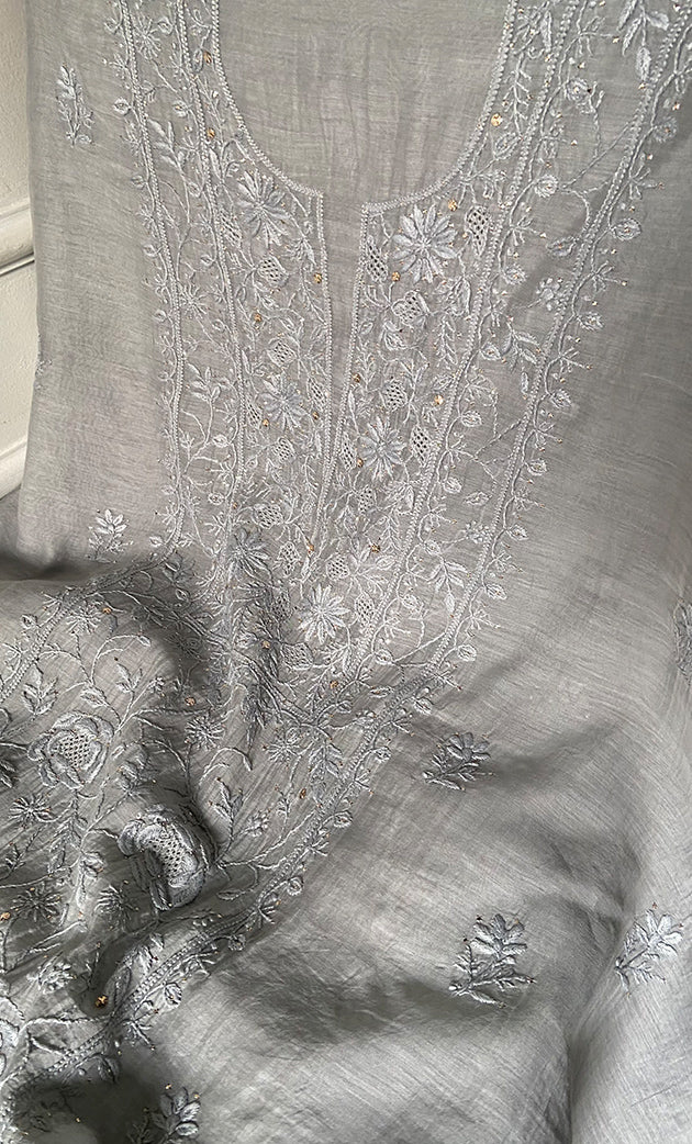 Women's Lakhnavi Handcrafted Mul Chanderi Unstitched Chikankari Full Suit Material - HONC0324473