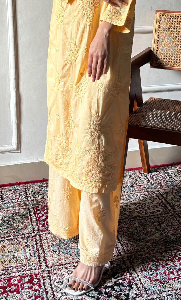 Women's Lakhnavi Handcrafted Cotton Chikankari Kurta And Palazzo Set - HONC0286935