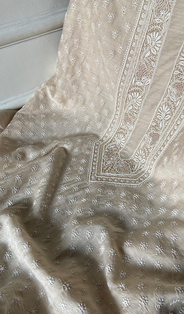 Lucknowi Handcrafted Munga Silk Unstitched Chikankari Unisex Kurta Fabric - HONC0340840