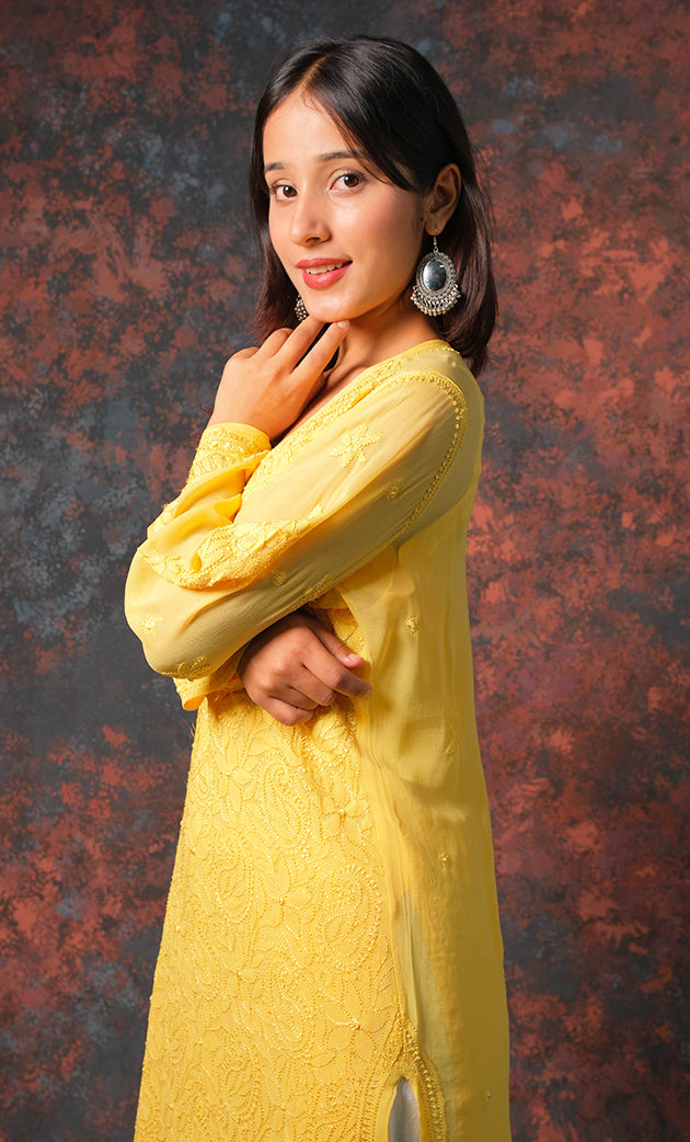 Yusra Women's Lakhnavi Handcrafted Viscose Georgette Chikankari Kurti- HONC0327255
