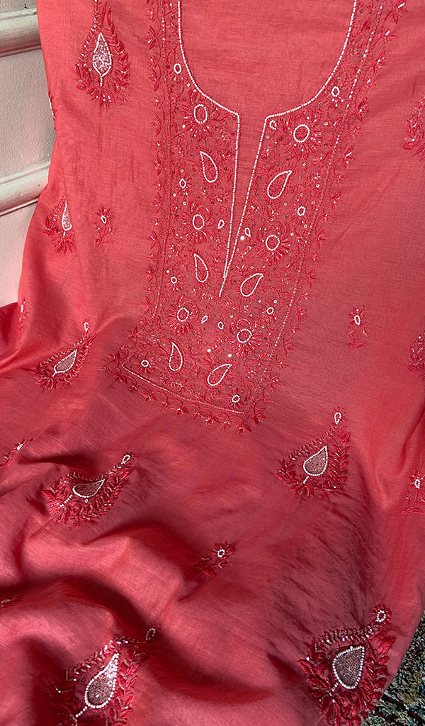 Women's Lakhnavi Handcrafted Mul Chanderi Unstitched Chikankari Full Suit Material - HONC0300851