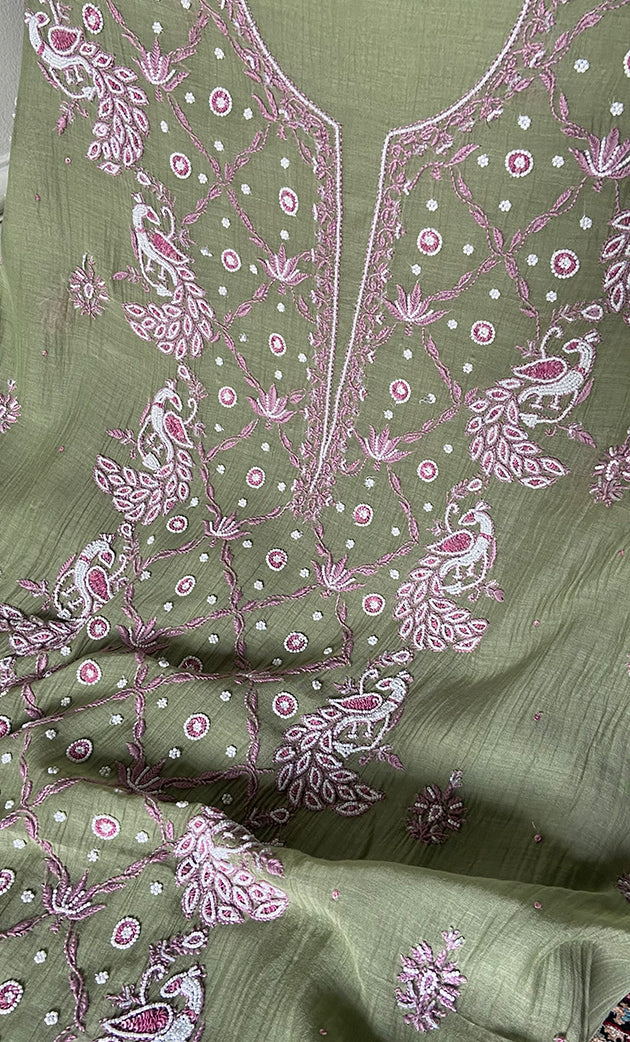 Women's Lakhnavi Handcrafted Mul Chanderi Unstitched Chikankari Full Suit Material - HONC0339572