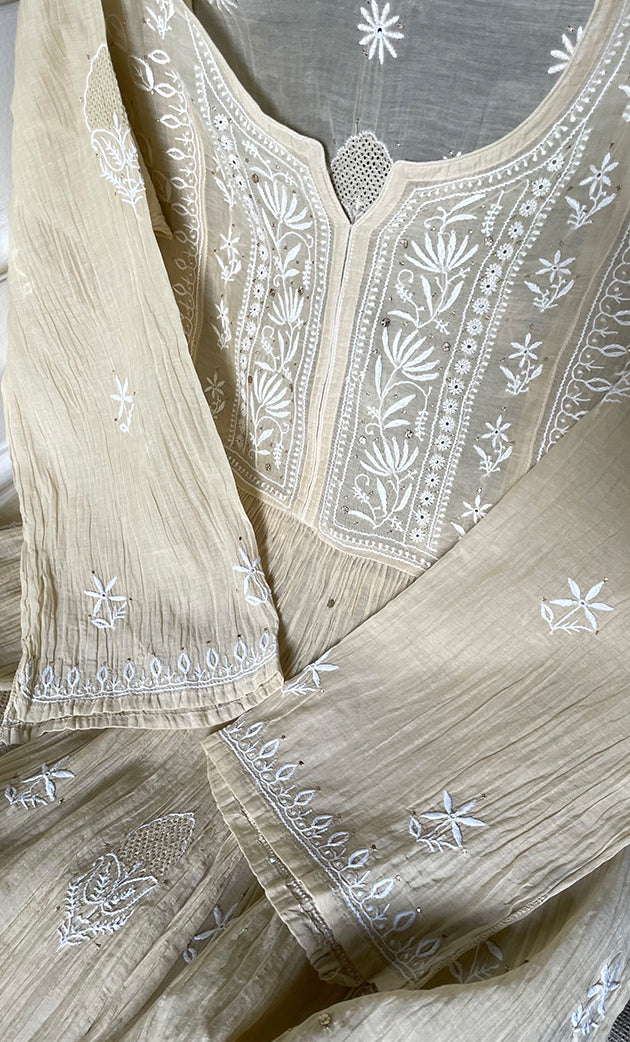 Women's Lakhnavi Handcrafted Mul Chanderi Semi-Stitched Kurta And Dupatta Set - HONC0281947