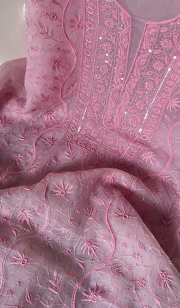 Women's Lakhnavi Handcrafted Pure Organza Chikankari Unstitched Kurta And Dupatta Set- HONC0267059