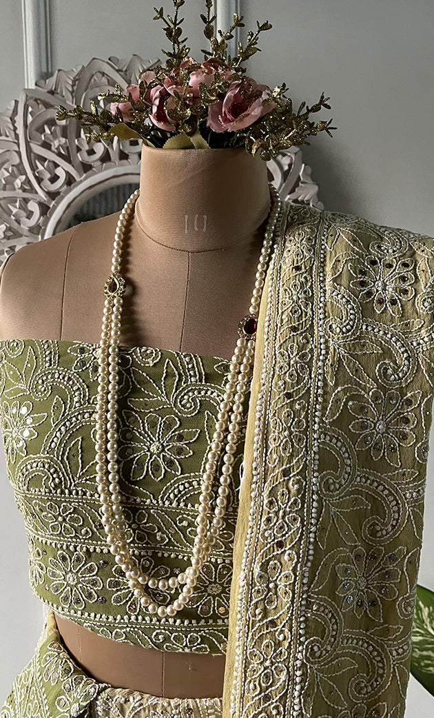 Women's Lakhnavi Handcrafted Bridal Pure Georgette Chikankari Lehenga Set - HONC0271838