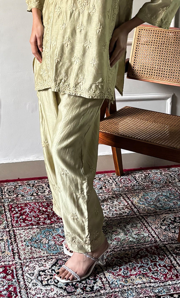 Imara Women's Lakhnavi Handcrafted Chanderi Silk Chikankari Top And Pant Set - HONC0340438