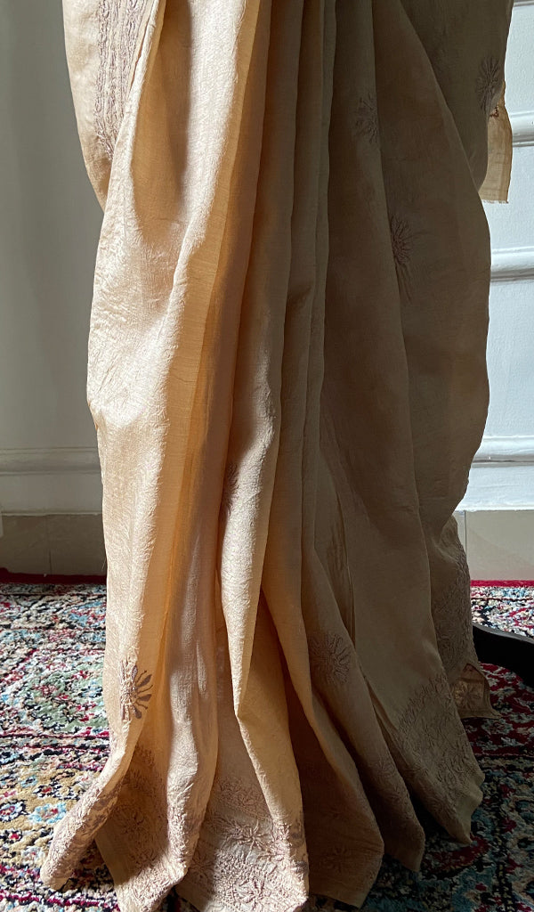 Women's Lakhnavi Handcrafted Tussar Silk Chikankari Saree - HONC0331050