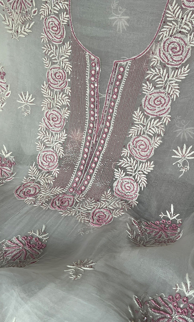 Gulaab Women's Lakhnavi Handcrafted Pure Organza Chikankari Unstitched Kurta And Dupatta Set- HONC0319870