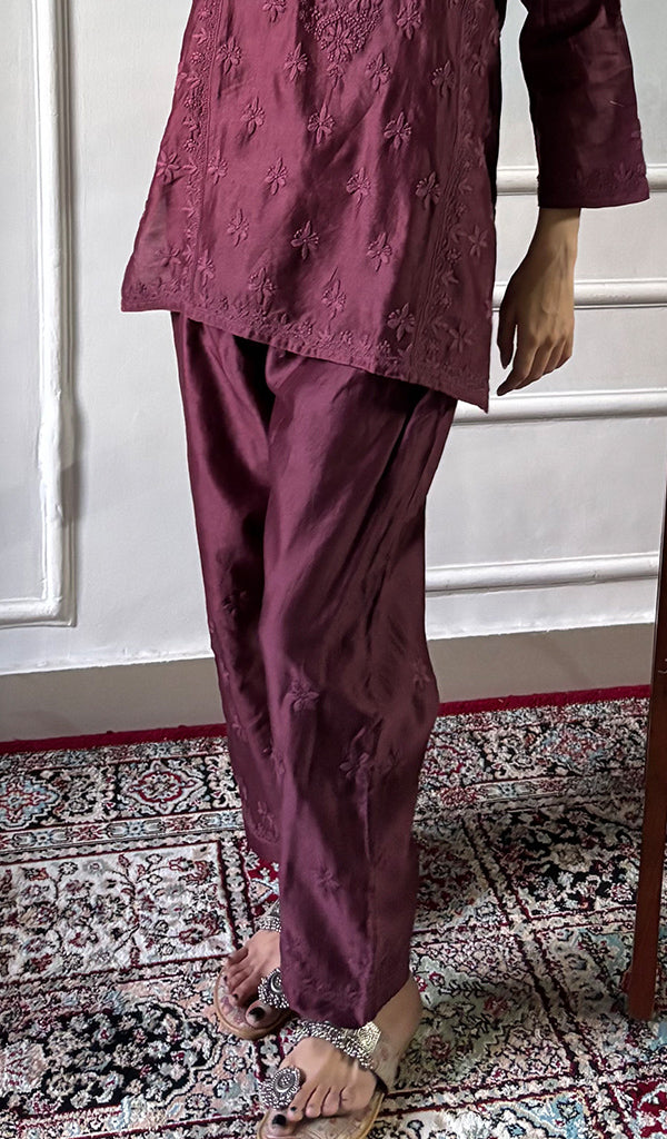 Women's Lakhnavi Handcrafted Chanderi Silk Chikankari Top And Pant Set - HONC0358278