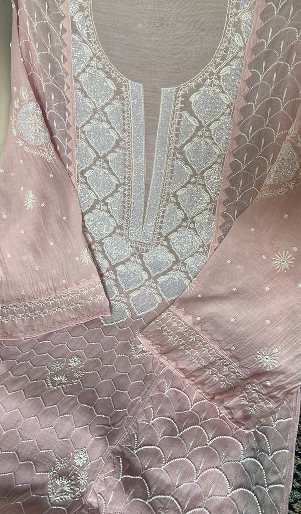 Women's Lakhnavi Handcrafted Mul Chanderi Semi Stitched Kurta And Dupatta Set
