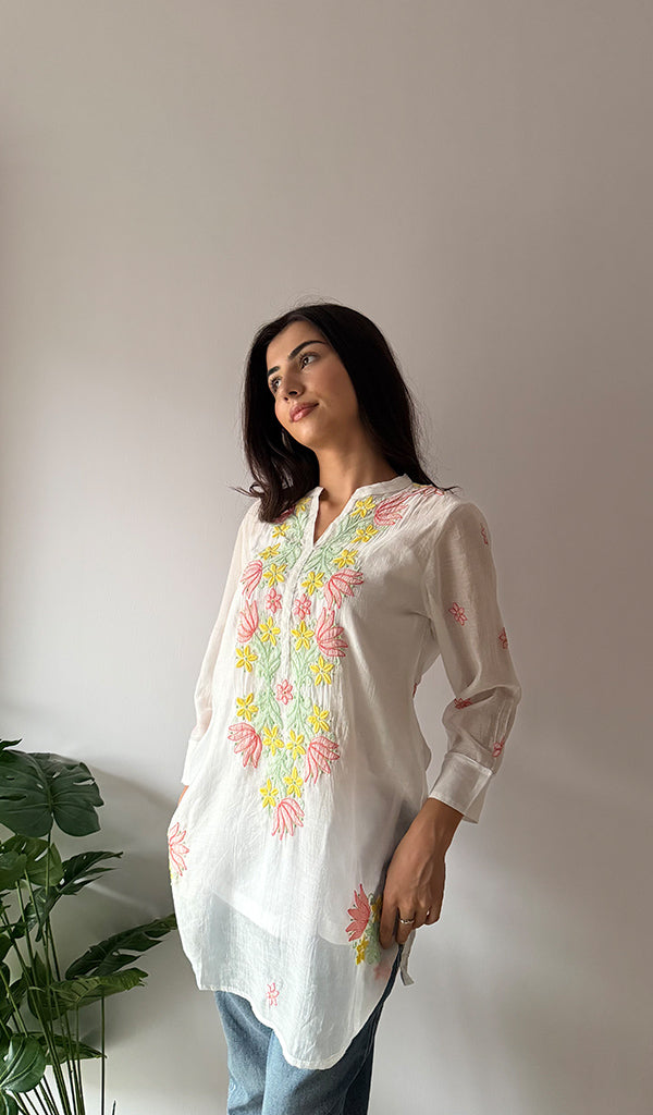 Sophia Women's Lakhnavi Handcrafted Mul Chanderi Chikankari Top - HONC0372954