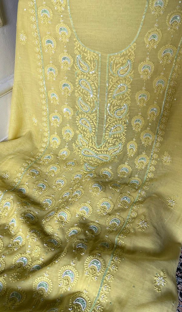 Women's Lakhnavi Handcrafted Mul Chanderi Unstitched Kurta And Dupatta Set - HONC0344343