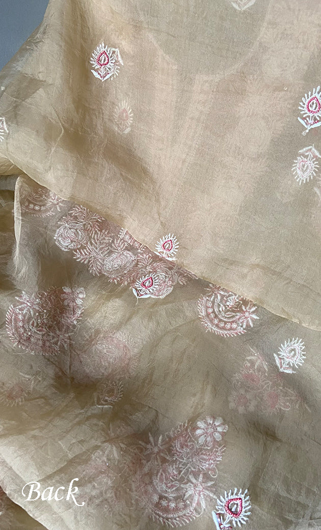 Rose Women's Lakhnavi Handcrafted Pure Organza Chikankari Unstitched Kurta And Dupatta Set- HONC0310180