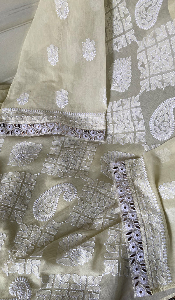 Women's Lakhnavi Handcrafted Mul Chanderi Semi - Stitched Kurta And Dupatta Set - HONC0302235