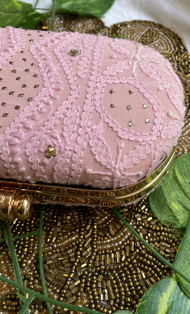 White Handcrafted Chikankari Clutch with Golden Chain - HONC0232419