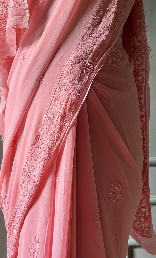 Women's Lakhnavi Handcrafted Viscose Georgette Chikankari Saree - HONC0290055