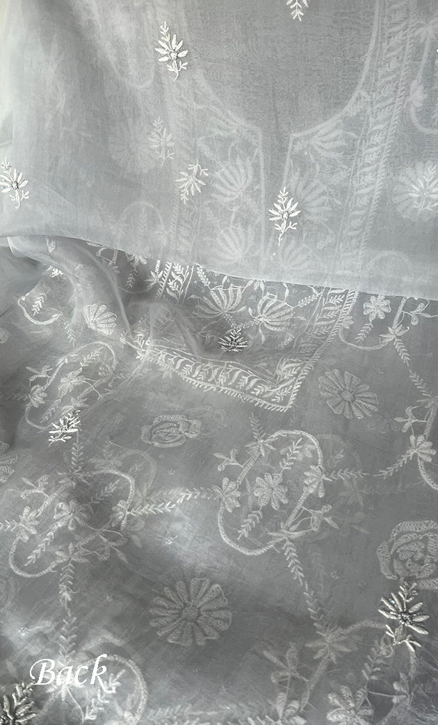 Women's Lakhnavi Handcrafted Pure Organza Chikankari Unstitched Kurta And Dupatta Set- HONC0311253