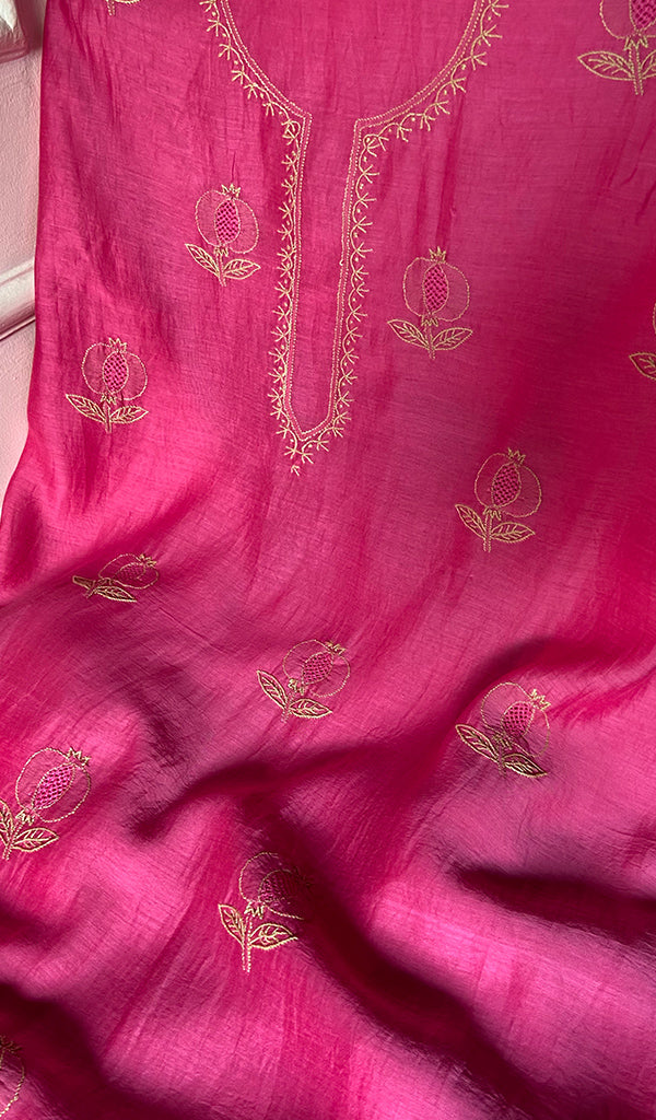Women's Lakhnavi Handcrafted Chanderi Silk Unstitched Chikankari Full Suit - HONC035260