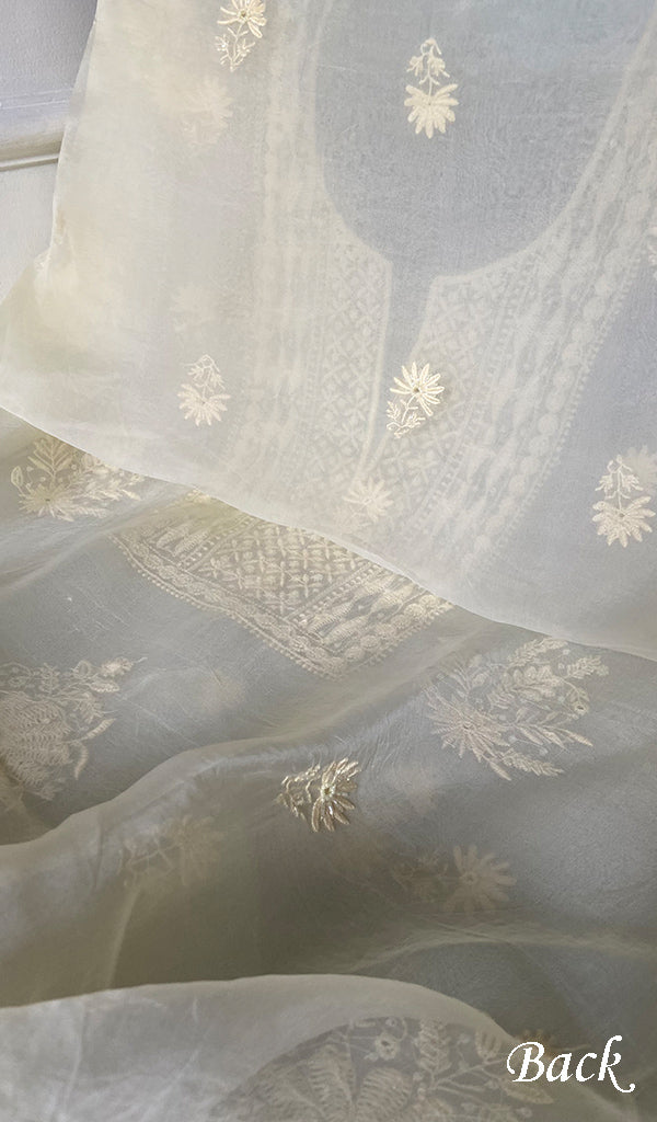 Women's Lakhnavi Handcrafted Pure Organza Chikankari Unstitched Kurta And Dupatta Set- HONC0333533