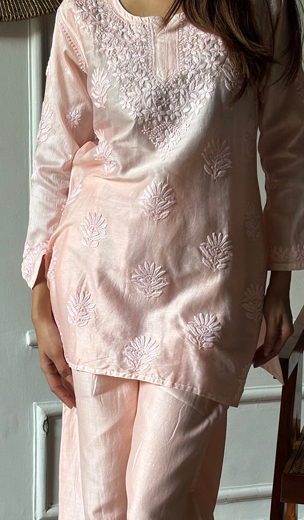 Women's Lakhnavi Handcrafted Chanderi Silk Chikankari Top And Pant Set - HONC0360677