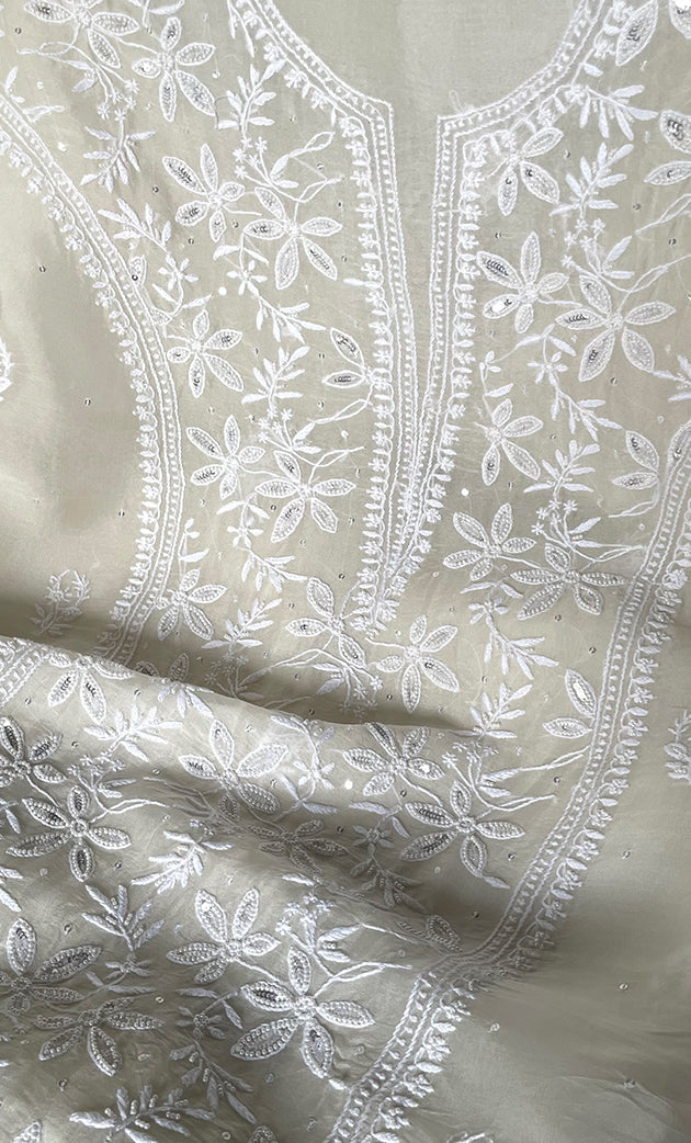 Women's Lakhnavi Handcrafted Pure Organza Chikankari Unstitched Kurta And Dupatta Set- HONC0328886