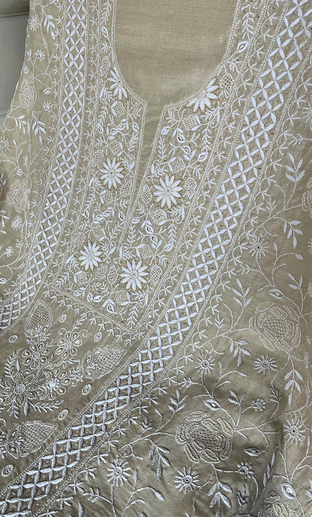 Women's Lakhnavi Handcrafted Unstitched Munga Silk Chikankari Kurta And Dupatta Set- HONC0275374