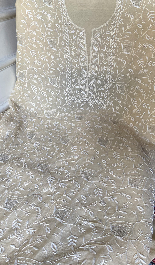 Women's Lakhnavi Handcrafted Mul Chanderi Unstitched Chikankari Full Suit - HONC0370550