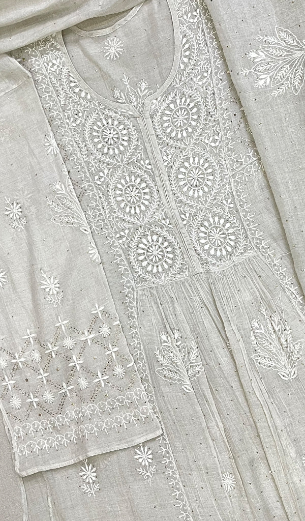 Women's Lakhnavi Handcrafted Tissue Chanderi Semi - Stitched Chikankari Kurta Dupatta Set - HONC0221039