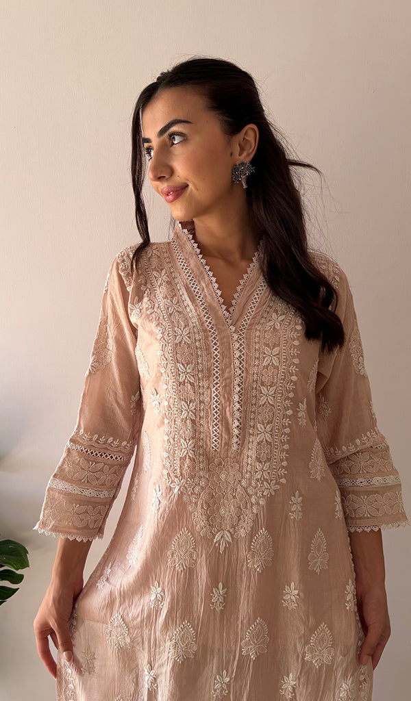 Women's Lucknowi Handcrafted Mul Chanderi Stitched Chikankari Kurta And Plazzo Set- HONC03788220