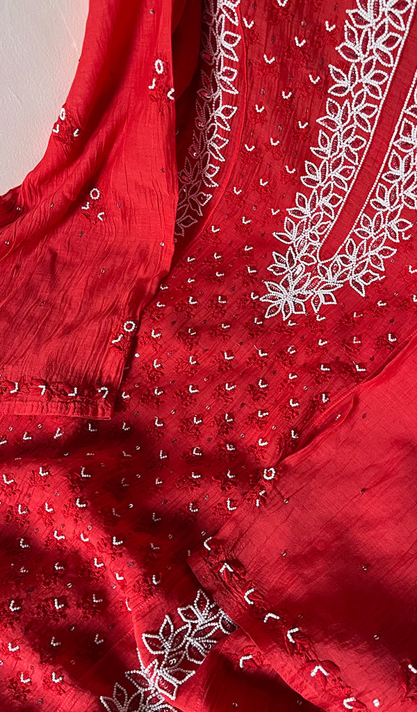 Saziya Women's Lakhnavi Handcrafted Mul Chanderi Semi - Stitched Kurta And Dupatta Set - HONC0270728