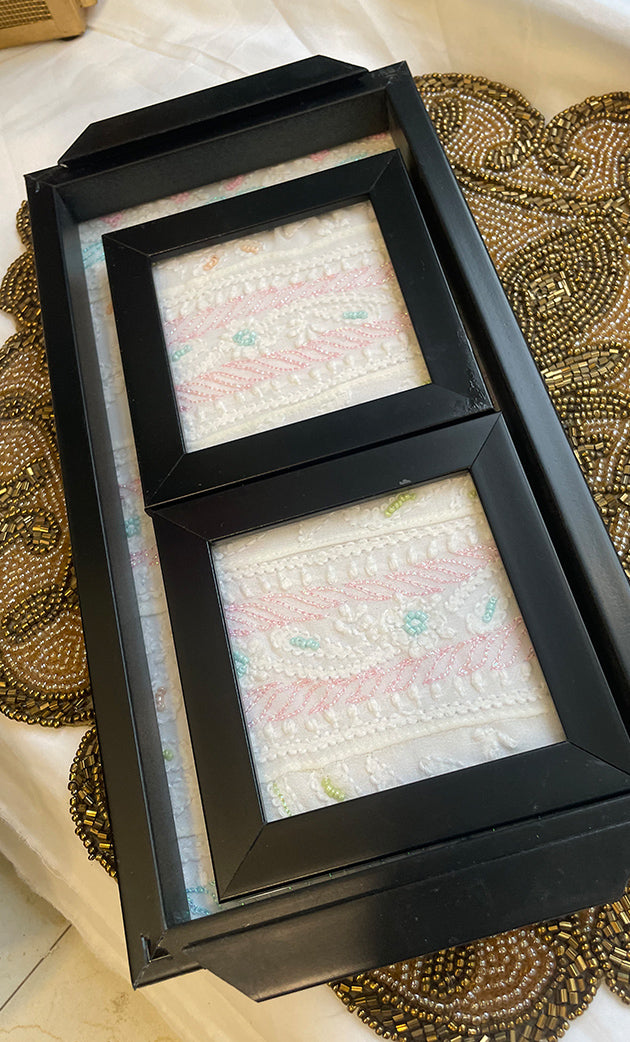 Handcrafted Chikankari Tray with Two Coasters – Wooden Frame - HONC0310961