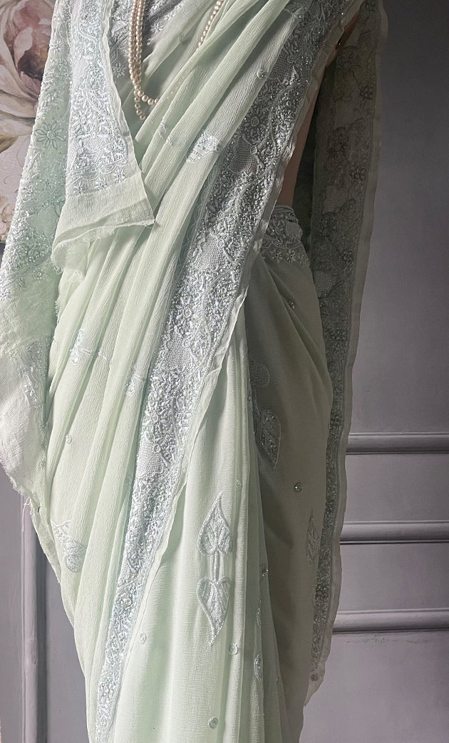 Women's Lakhnavi Handcrafted Pure Silk Georgette Chikankari - HONC0284208