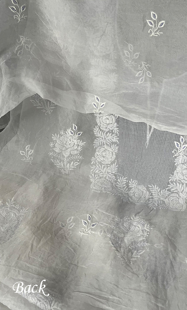 Women's Lakhnavi Handcrafted Pure Organza Chikankari Unstitched Kurta And Dupatta Set- HONC0305196