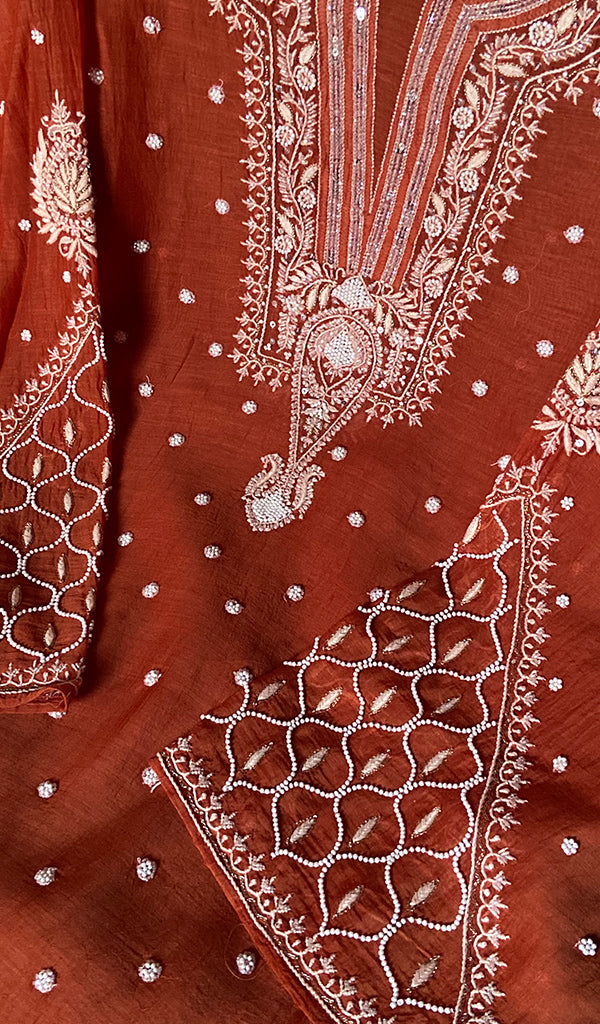 Women's Lakhnavi Handcrafted Mul Chanderi Semi- stitched Kurta And Dupatta Set- HONC0328241
