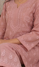 Women's Lucknowi Handcrafted Chanderi Silk  Stitched Chikankari Kurta And Pant Set .