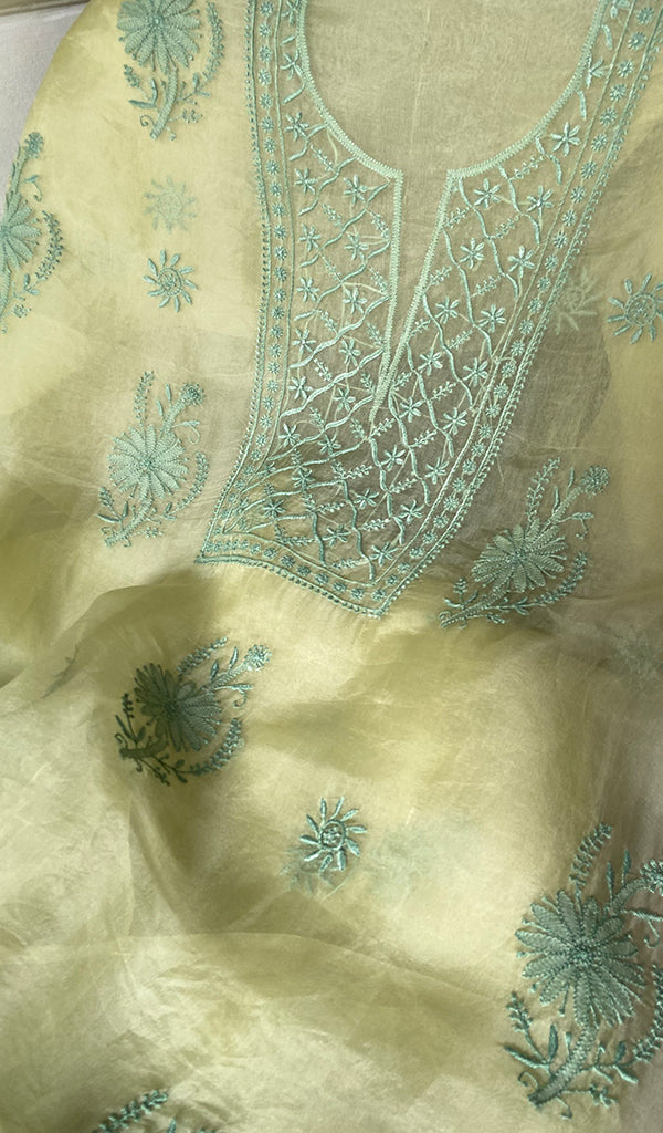 Women's Lakhnavi Handcrafted Pure Organza Chikankari Unstitched Kurta And Dupatta Set- HONC0365701