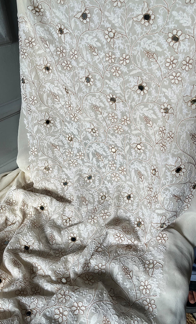 Women's Lakhnavi Handcrafted Pure Silk Georgette Chikankari Kurta and Dupatta set - HONC0833332