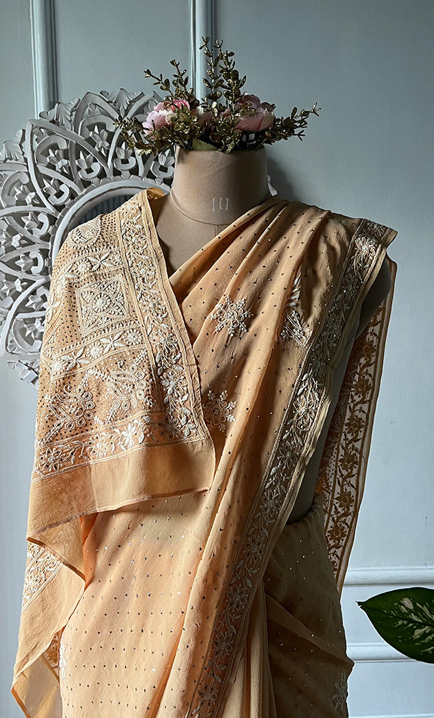 Women's Lakhnavi Handcrafted Pure Silk Georgette Chikankari Saree - HONC0274137