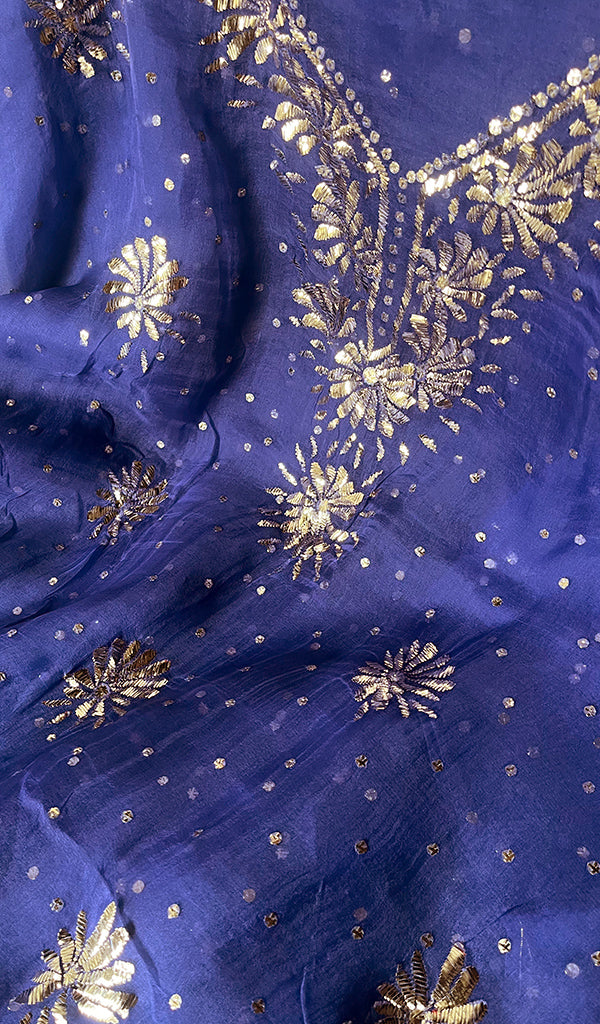 Marifa Women's Lakhnavi Handcrafted Pure Organza Chikankari Unstitched Kurta And Dupatta Set- HONC0255851