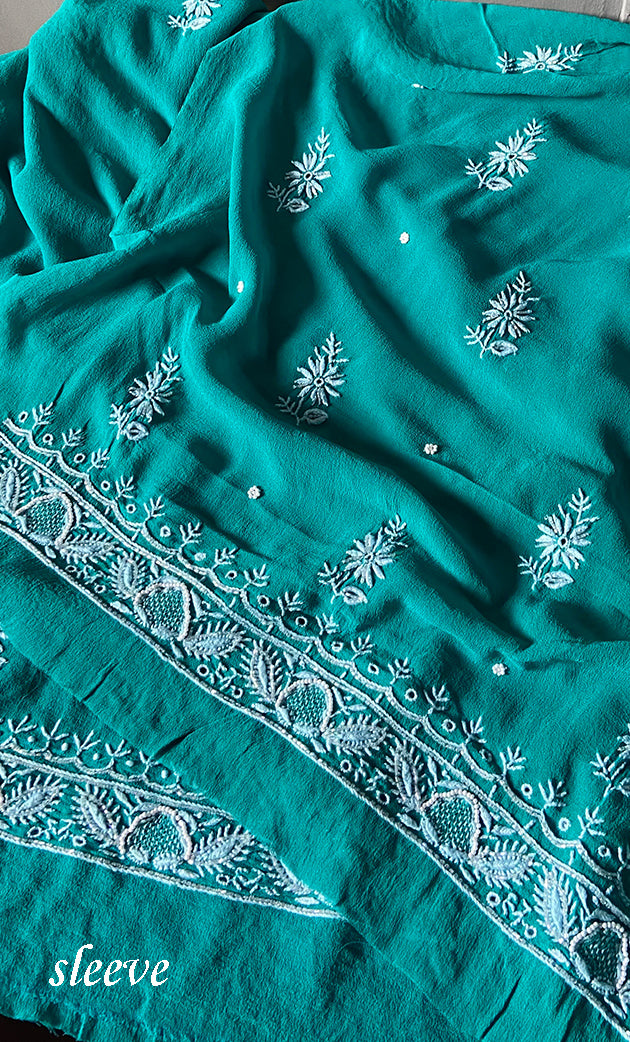 Women's Lakhnavi Handcrafted Pure Silk Georgette Chikankari Kurta And Dupatta Set- HONC0258089