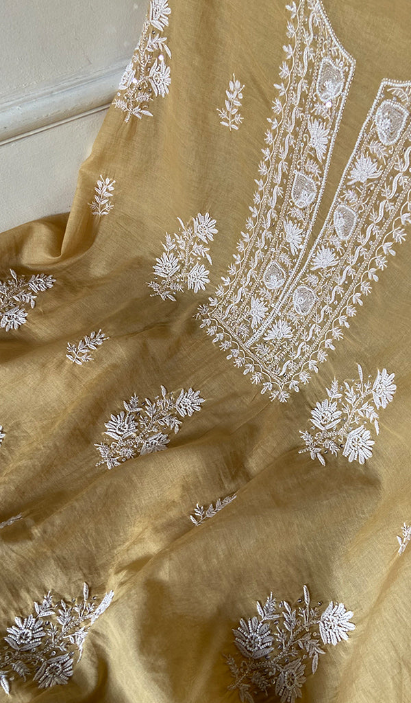 Women's Lakhnavi Handcrafted Mul Chanderi Unstitched Chikankari Full Suit Material - HONC0334957