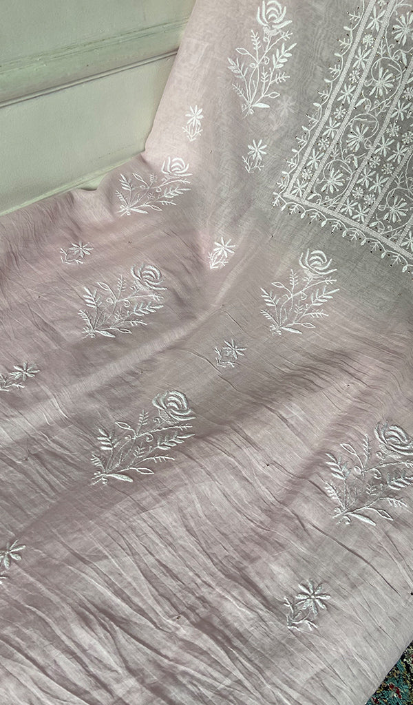 Women's Lakhnavi Handcrafted Mul Chanderi Unstitched Chikankari Full Suit - HONC0367573